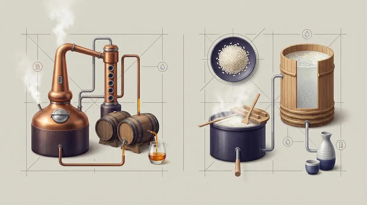 ウイスキーと日本酒の製法の違い｜蒸留と醸造のプロセスを図解